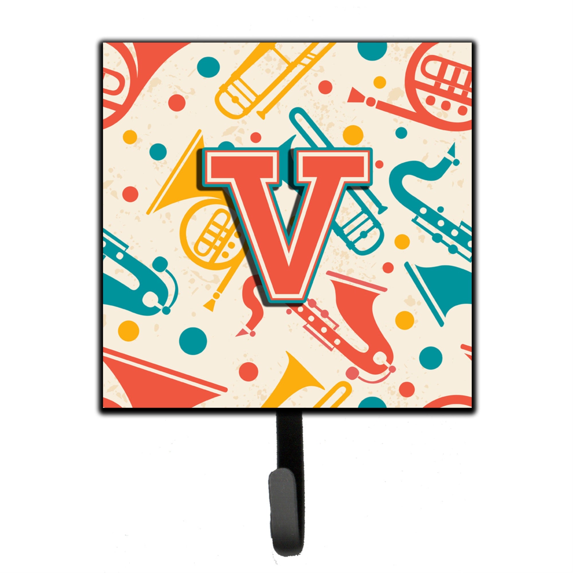 Caroline'S Treasures Cj2001-Vsh4 Letter V Retro Teal Orange Musical Instruments Initial Leash Or Key Holder, Small, Multicolor